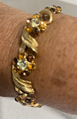 Vintage Signed Karu Yellow & Brown RS Gold Tone Etched Link Necklace & Bracelet