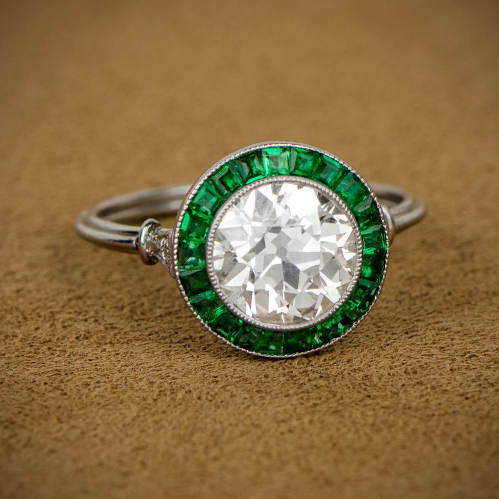 3CT Old European Cut Lab Created Diamond Vintage Emerald Halo Ring 14K Gold Over