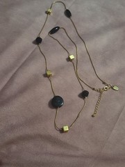 Vintage Long Gold-Tone Station Necklace with Black Acrylic Beads And Gold Cubes