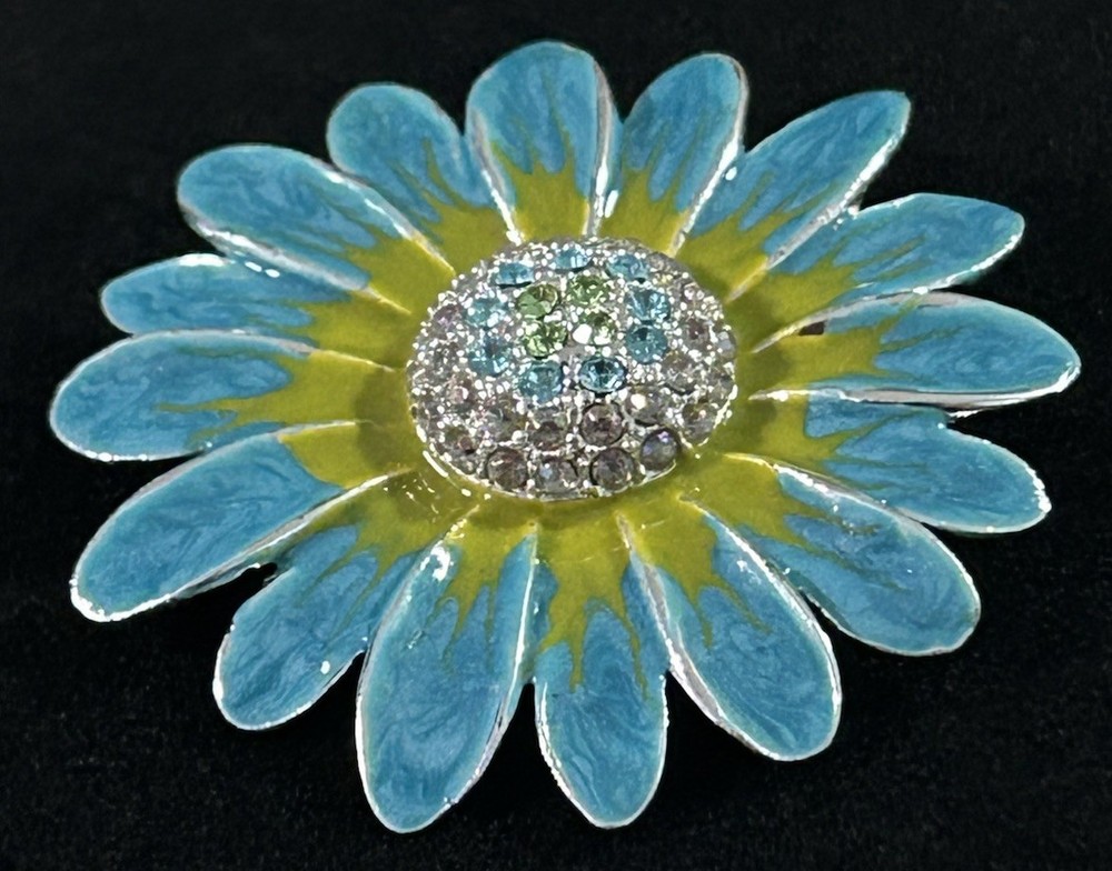 VTG Teal Blue & Green Enamel Daisy Brooch Rhinestone Center Flower Pin