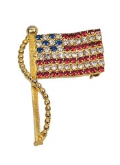 Vintage Gold Tone American Flag Brooch Pin USA Patriotic Red White Blue Stones