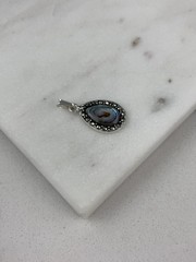 Vintage 925 Sterling Silver Deco Marcasite Abalone Teardrop Charm Pendant