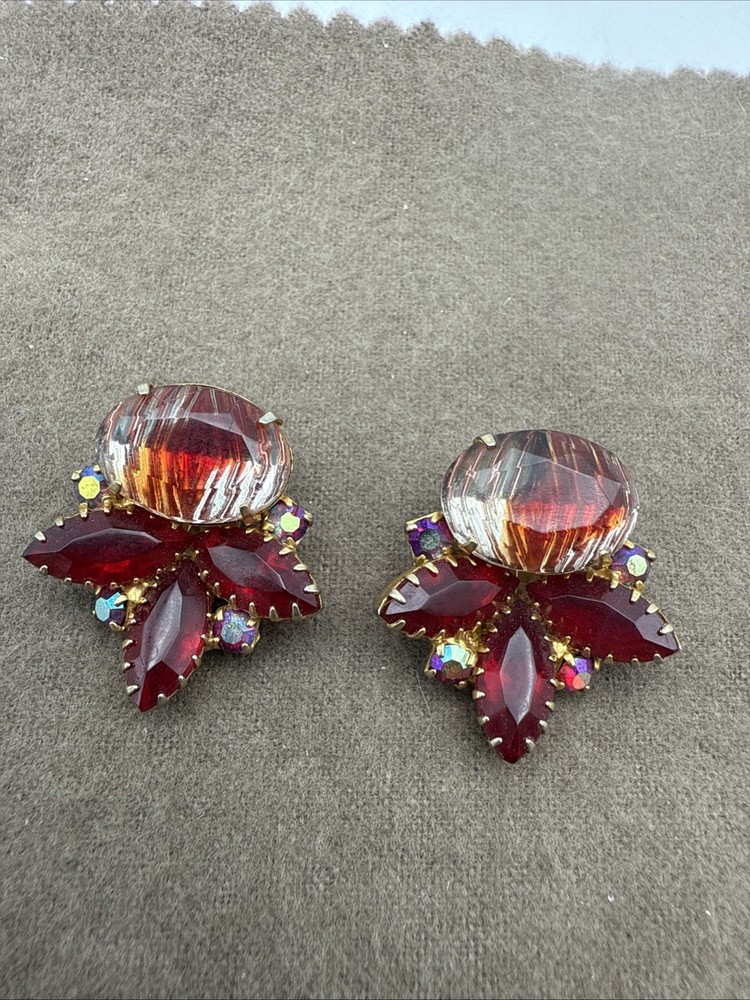 Vintage Red Rhinestone Clip On Earrings Gold Tone Iridescent