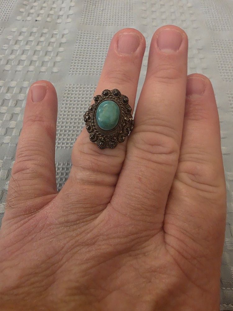 Vintage Taxco Mexico 925 Sterling Silver Turquoise Poison Locket Ring TS-15