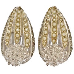 50s Mid Century Vintage Bellini Silver Plated Rhinestone Pearl Clip Earrings