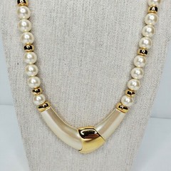 Vintage Napier Necklace Faux Pearl Gold Beads Accents Statement Art Deco Signed