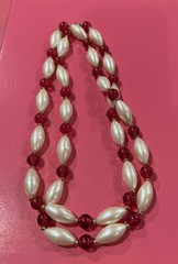Monet Signed Necklace Faux Pearls Red Stones 36 In Signed