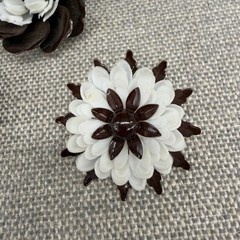 Vintage Flower Brooch Earrings Set Enamel Acrylic Brown White Clip Ons