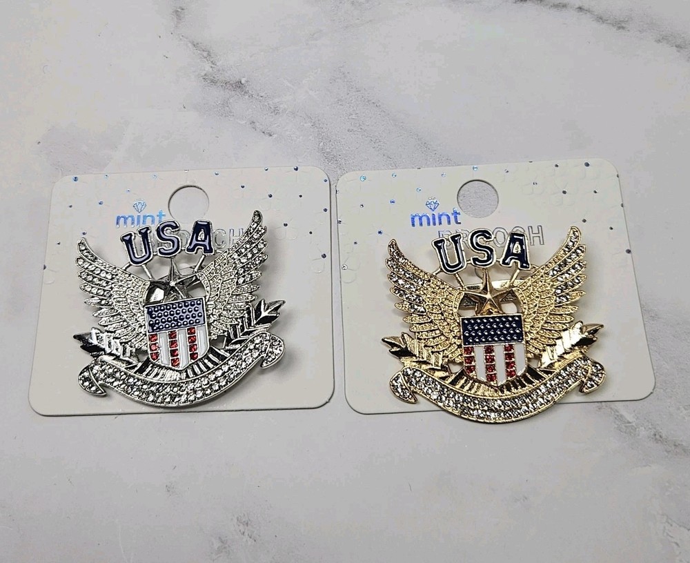 2x – USA Flag & Eagle Brooches American Patriotic Pin, 1 Gold & 1 Silver Toned