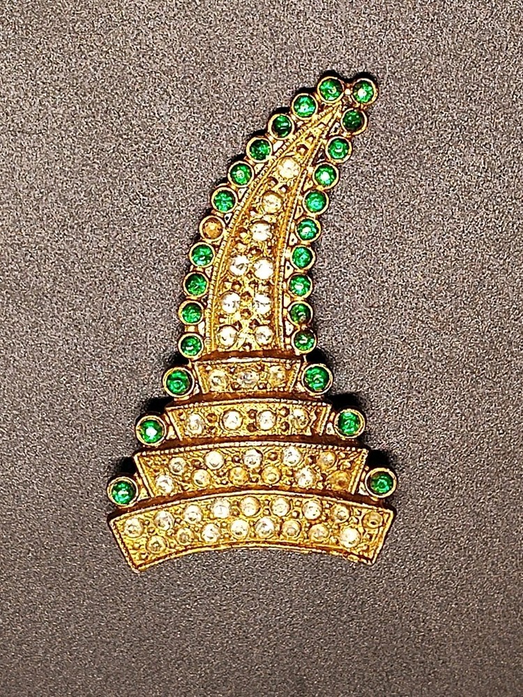 Rare Antique Gold Tone Signed A1 Safa Kundan Kalangi Brooch Turban Pin Green 2″