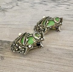 Vintage SELRO SELINI Buccaneer PIRATE Earrings Green w/ Pearls & Rhinestones
