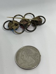Antique Art Nouveau Red White & Blue Czech Glass Opaque Cabochon Brass Brooch