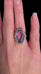 Antique Art Deco Large Hexagon Amethyst Cocktail Ring 14k White Gold Yellow