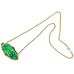 Vintage 1900s Carved Oval Jadeite Jade 56 Natural Pearl 14k Pendant 17 In Chain
