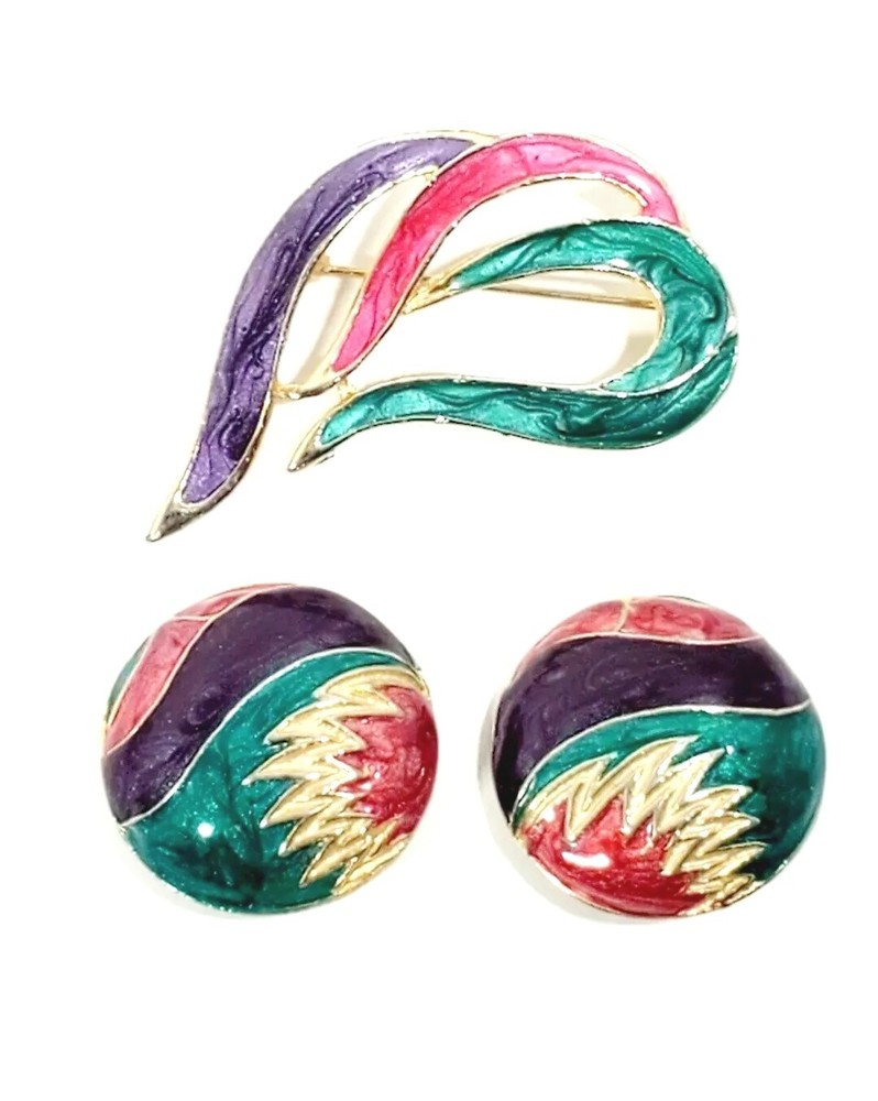 Vintage 1980s Pearlescent Enamel BROOCH EARRING Gold Tone Purple Fushia Teal