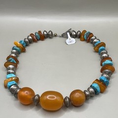 Necklace Sterling Silver Turquoise Baltic Amber Beaded Chunky