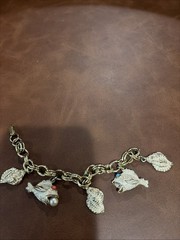 Vintage Charm Bracelet Shells fish Faux Pearl Coral Turquoise Gold Tone Sea