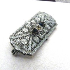 ART DECO 10K WHITE GOLD ANTIQUE VINTAGE FAUX SAPPHIRE DIAMOND FILIGREE PIN 4.4GR