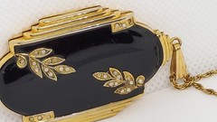 Large GF art deco black enamel Photo Locket Pendant Gold Filled Chain VTG Evans