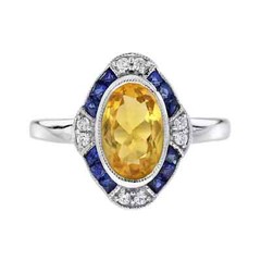 Art Deco Style Lab Created Diamond & Citrine Engagement 14K White Gold FN Ring