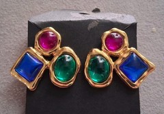 1980s bold runway earrings, glass cabochon trio, geometric, asymmetrical