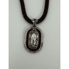 Vintage Mesh Chain Necklace Brown Cord Large Pendant Silver Tone Statement