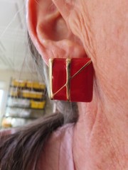Vintage Gold Tone Square 1990’s Red Enamel Pierced Earrings