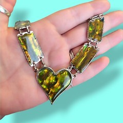 Silver Tone Enamel Over Abalone Inlay Panel Link Collar Necklace 16in