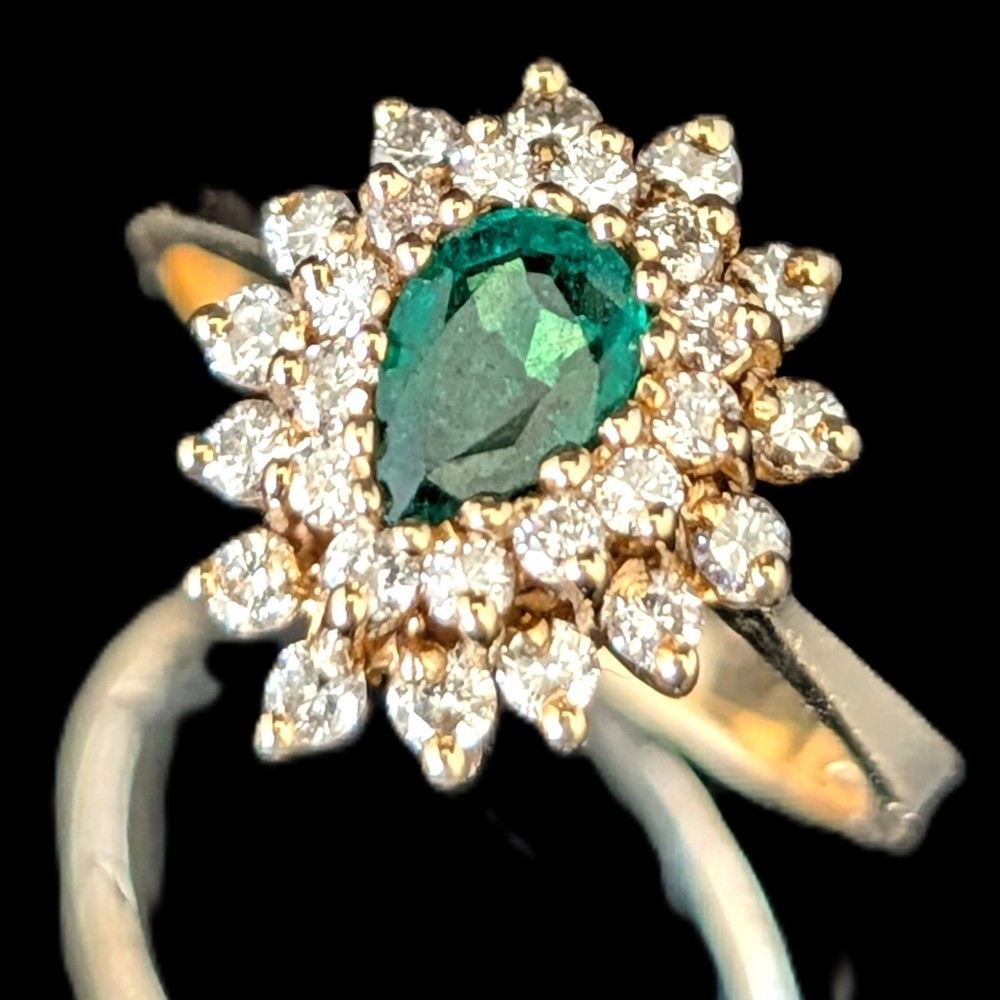 Vintage Pear Cut Emerald Diamond 14k Yellow Gold Double Halo Ring Engagement
