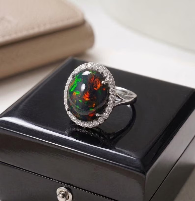 18K Gold Plated Sterling Silver Natural Black Opal Oval Engagement Ring for Her