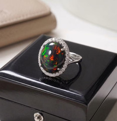 18K Gold Plated Sterling Silver Natural Black Opal Oval Engagement Ring for Her