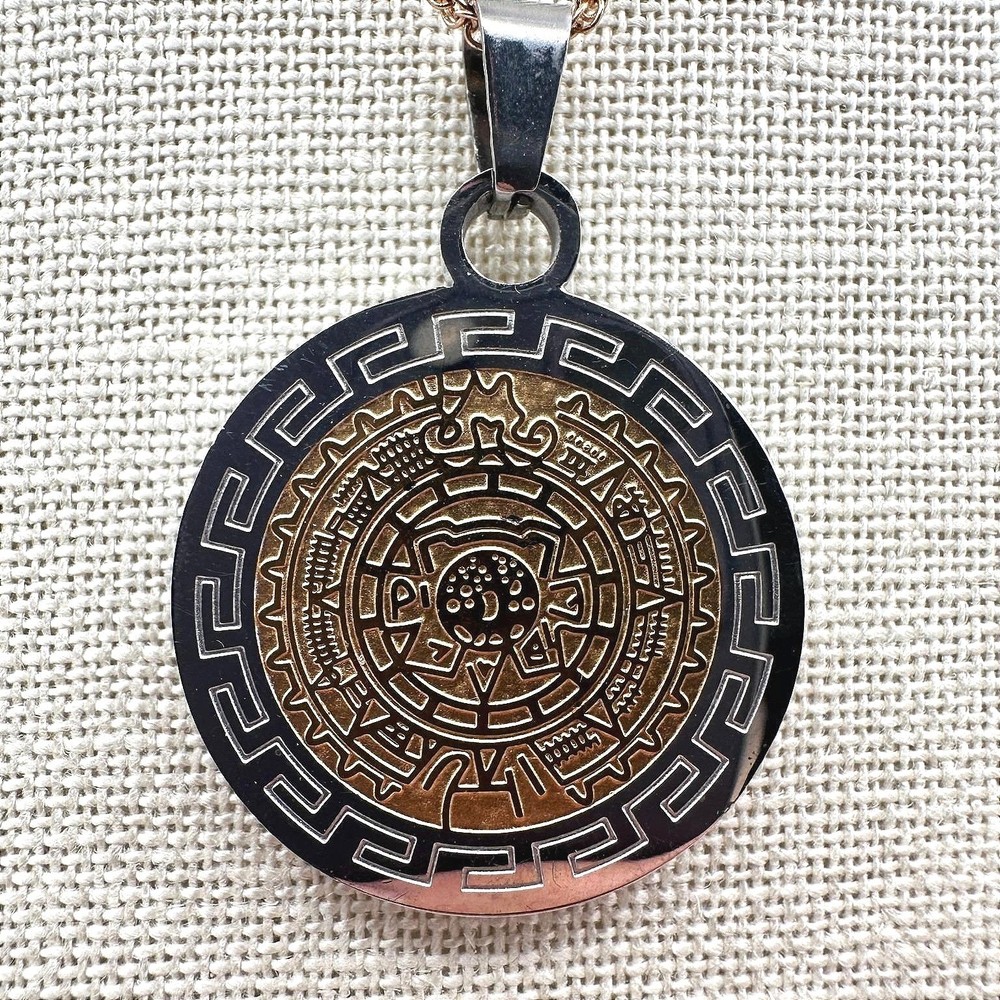 Vintage 90s Aztec Calendar Pendant Necklace Gold Tone Greek Key Border Jewelry
