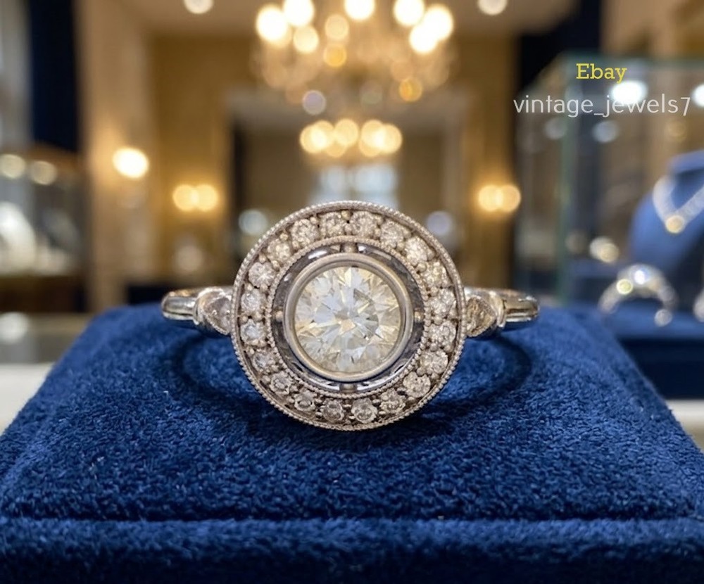 Bezel 2.4CT Round Lab Created Diamond Vintage Halo Wedding Ring 14K Gold Finish