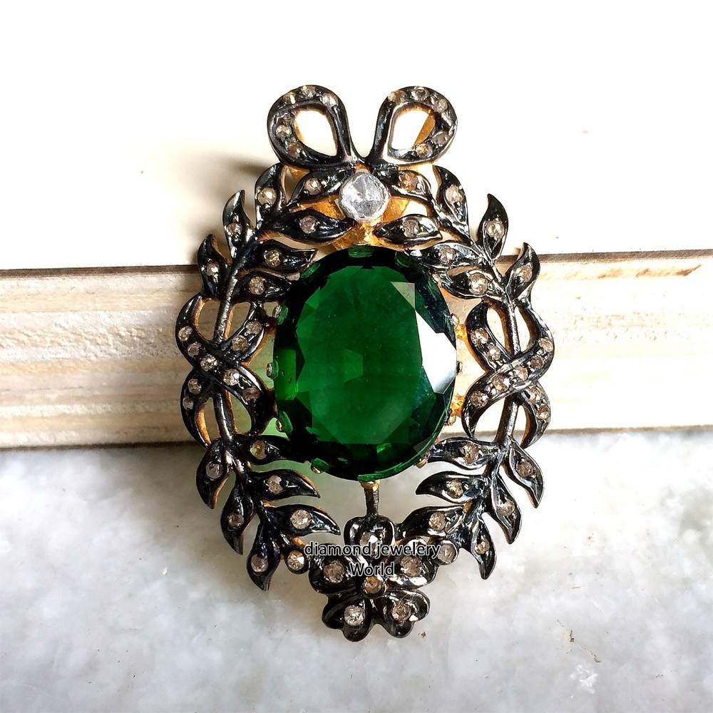 Stunning 1.35ctw Rose Antique Cut Diamond Emerald Studded Silver Vintage Pendant