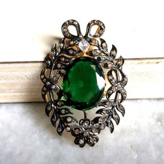 Stunning 1.35ctw Rose Antique Cut Diamond Emerald Studded Silver Vintage Pendant