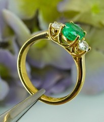 Hammerman Brothers Vintage Emerald Oval Diamond 3 Stone Ring 18K Gold