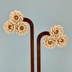 Vintage Coro White Soft Plastic Flower Earrings AB Rhinestone Lacy Triple Floral