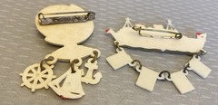 Vintage Celluloid Brooch Lot 2 Globe Ship Ocean Liner Dangling Flag Charms