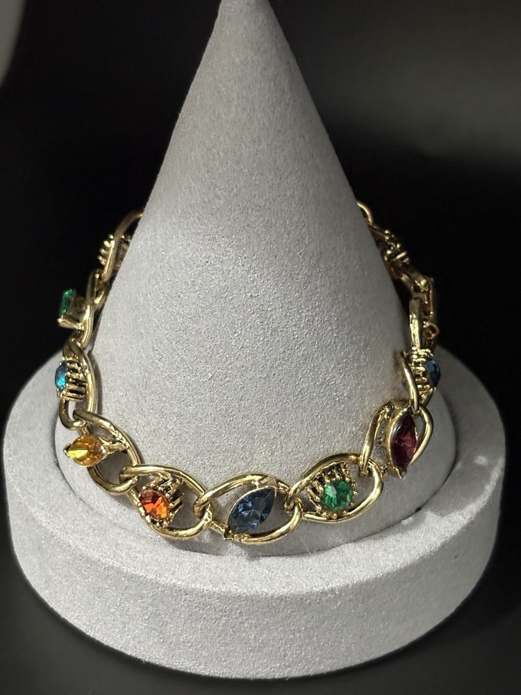 Vintage Rhinestone Bracelet Multi Color Blue Green Purple Gold Tone 7”