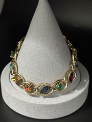 Vintage Rhinestone Bracelet Multi Color Blue Green Purple Gold Tone 7”