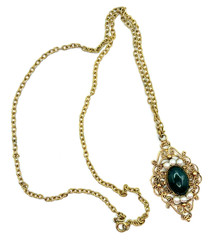 Necklace & Gold Tone Filigree Jade Stone & Faux Pearls Pendant Vintage