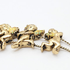 Cherub Angels Iridescent Glitter Wings Gold Tone Vtg Slide Bracelet 7.5 Inch
