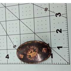 Vintage Russian Lacquer Brooch Hand Painted Black Gold Floral Oval Pin