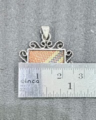Vintage Style Filigree Pendant Fabric Inlay Square Silver Tone Charm Textile