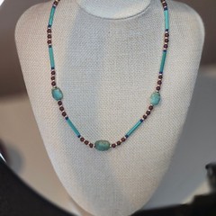 Vintage Egyptian Revival Necklace With Teal Scarab Beads & Red Gold Glass boho