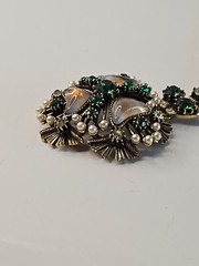 VTG Florenza Jeweled Gold Necklace Green Rhinestone Pearl Beauty Signed Italian