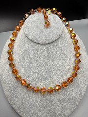 HATTIE CARNEGIE Signed Orange AB UV GLOW Glass Bead Necklace VTG 17.75” 41g HTF