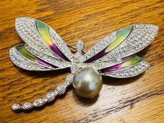 Napier Dragonfly Brooch Faux Pearl Rhinestone Enamel Silver Tone Signed Vintage
