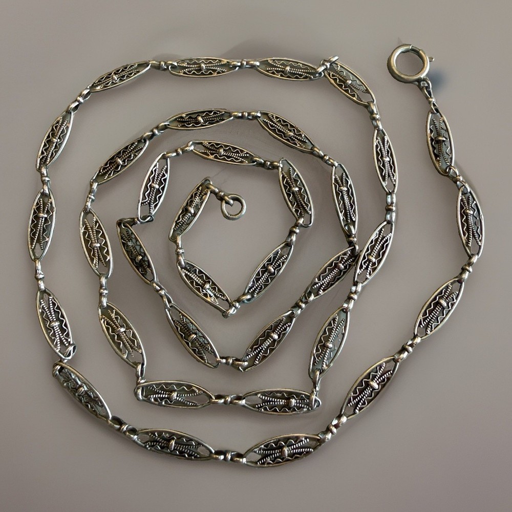Antique French Art Nouveau 800 Silver Filigree Long Chain, 32” 16.5g