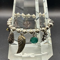 Vintage Bracelet & Charms of Mixed Metals: Heart, Angel Wing, Bird, Faux Opal